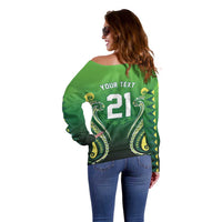 Custom Rugby Cook Islands Avaiki Off Shoulder Sweater Green Kuki Airani Tribal Maori Inspired - Polynesian Pride