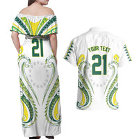Custom Rugby Cook Islands Avaiki Couples Matching Off Shoulder Maxi Dress and Hawaiian Shirt White Kuki Airani Tribal Maori Inspired - Polynesian Pride