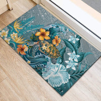Sea Turtle In The Ocean Rubber Doormat with Polynesian Pattern Arty Style