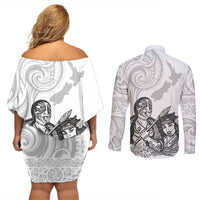 Aroha Maori Language Couples Matching Off Shoulder Short Dress and Long Sleeve Button Shirt Te Reo Maori Inspired Art