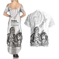 Aroha Maori Language Couples Matching Summer Maxi Dress and Hawaiian Shirt Te Reo Maori Inspired Art