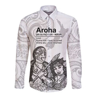 Aroha Maori Language Long Sleeve Button Shirt Te Reo Maori Inspired Art LT9 Unisex white - Polynesian Pride