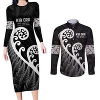 Kia Ora Maori Language Couples Matching Long Sleeve Bodycon Dress and Long Sleeve Button Shirt Te Reo Maori Koru Fern Art
