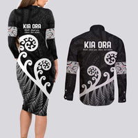 Kia Ora Maori Language Couples Matching Long Sleeve Bodycon Dress and Long Sleeve Button Shirt Te Reo Maori Koru Fern Art