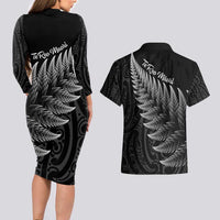 New Zealand Te Reo Māori Couples Matching Long Sleeve Bodycon Dress and Hawaiian Shirt Simple Black Fern