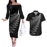 New Zealand Te Reo Māori Couples Matching Off The Shoulder Long Sleeve Dress and Hawaiian Shirt Simple Black Fern