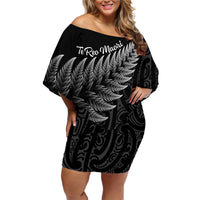 New Zealand Te Reo Māori Family Matching Off Shoulder Short Dress and Hawaiian Shirt Simple Black Fern