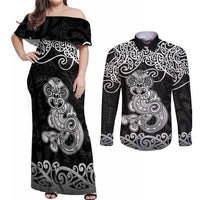 Te Reo Maori Tiki Inspired Art Couples Matching Off Shoulder Maxi Dress and Long Sleeve Button Shirt