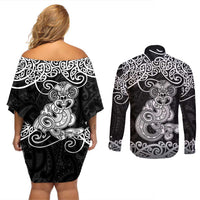 Te Reo Maori Tiki Inspired Art Couples Matching Off Shoulder Short Dress and Long Sleeve Button Shirt