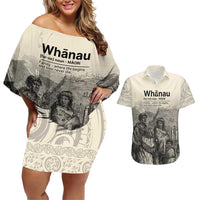 Whanau Maori Language Couples Matching Off Shoulder Short Dress and Hawaiian Shirt Te Reo Maori Inspired Art