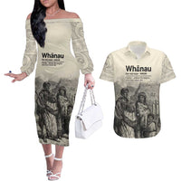Whanau Maori Language Couples Matching Off The Shoulder Long Sleeve Dress and Hawaiian Shirt Te Reo Maori Inspired Art