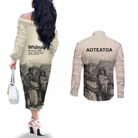 Whanau Maori Language Couples Matching Off The Shoulder Long Sleeve Dress and Long Sleeve Button Shirt Te Reo Maori Inspired Art