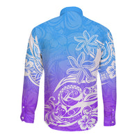 Polynesian Sunset Plumeria Long Sleeve Button Shirt Pacific Island Tribal Blue Style LT9 - Polynesian Pride