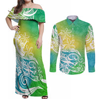 Polynesian Sunset Plumeria Couples Matching Off Shoulder Maxi Dress and Long Sleeve Button Shirts Pacific Island Tribal Green Style LT9 Green - Polynesian Pride