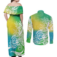 Polynesian Sunset Plumeria Couples Matching Off Shoulder Maxi Dress and Long Sleeve Button Shirts Pacific Island Tribal Green Style LT9 - Polynesian Pride