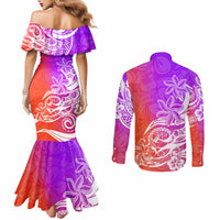 Polynesian Sunset Plumeria Couples Matching Mermaid Dress and Long Sleeve Button Shirts Pacific Island Tribal Purple Style LT9 - Polynesian Pride
