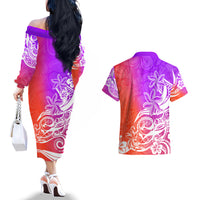 Polynesian Sunset Plumeria Couples Matching Off The Shoulder Long Sleeve Dress and Hawaiian Shirt Pacific Island Tribal Purple Style LT9 - Polynesian Pride