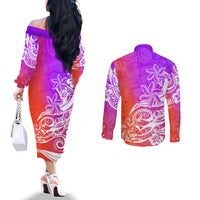 Polynesian Sunset Plumeria Couples Matching Off The Shoulder Long Sleeve Dress and Long Sleeve Button Shirts Pacific Island Tribal Purple Style LT9 - Polynesian Pride
