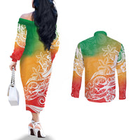 Polynesian Sunset Plumeria Couples Matching Off The Shoulder Long Sleeve Dress and Long Sleeve Button Shirts Pacific Island Tribal Reggae Style LT9 - Polynesian Pride