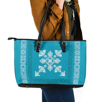 Hawaiian Quilt Block Design Leather Tote Bag Teal Hawaii Culture Motifs - Polynesian Pride