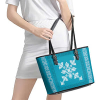 Hawaiian Quilt Block Design Leather Tote Bag Teal Hawaii Culture Motifs - Polynesian Pride