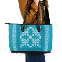 Hawaiian Quilt Pattern Leather Tote Bag Teal Hawaii Culture Tropical - Polynesian Pride