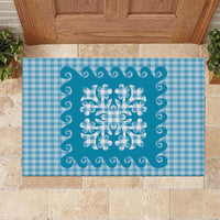 Blue Ulu Palaka Quilt Pattern Rubber Doormat Hawaii Culture Breadfruit - Polynesian Pride