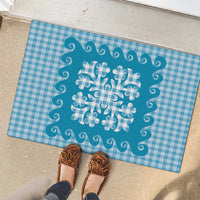 Blue Ulu Palaka Quilt Pattern Rubber Doormat Hawaii Culture Breadfruit - Polynesian Pride