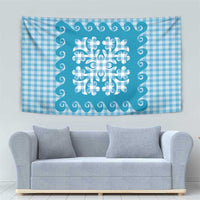 Blue Ulu Palaka Quilt Pattern Tapestry Hawaii Culture Breadfruit - Polynesian Pride