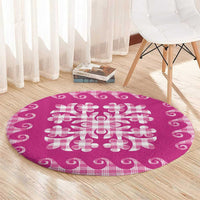 Pink Ulu Palaka Quilt Pattern Round Carpet Hawaii Culture Breadfruit - Polynesian Pride