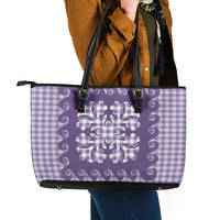 Purple Ulu Palaka Quilt Pattern Leather Tote Bag Hawaii Culture Breadfruit - Polynesian Pride