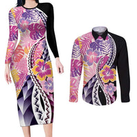 Aloha Vintage Hibiscus Lei Seamless Pattern Couples Matching Long Sleeve Bodycon Dress and Long Sleeve Button Shirt - Polynesian Pride