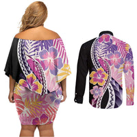 Aloha Vintage Hibiscus Lei Seamless Pattern Couples Matching Off Shoulder Short Dress and Long Sleeve Button Shirt - Polynesian Pride