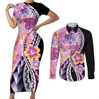Aloha Vintage Hibiscus Lei Seamless Pattern Couples Matching Short Sleeve Bodycon Dress and Long Sleeve Button Shirt - Polynesian Pride