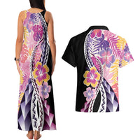 Aloha Vintage Hibiscus Lei Seamless Pattern Couples Matching Tank Maxi Dress and Hawaiian Shirt - Polynesian Pride