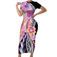 Aloha Vintage Hibiscus Lei Seamless Pattern Short Sleeve Bodycon Dress - Polynesian Pride
