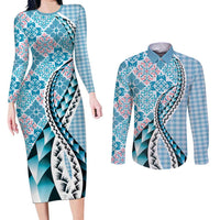 Aloha Vintage Palaka Floral Hawaiian Quilt Couples Matching Long Sleeve Bodycon Dress and Long Sleeve Button Shirt Uliuli Motif - Polynesian Pride