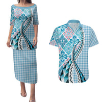 Aloha Vintage Palaka Floral Hawaiian Quilt Couples Matching Puletasi and Hawaiian Shirt Uliuli Motif - Polynesian Pride