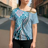 Aloha Vintage Palaka Floral Hawaiian Quilt Cross Shoulder Shirt Uliuli Motif - Polynesian Pride