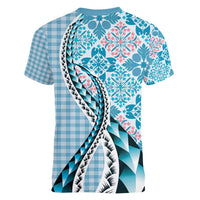 Aloha Vintage Palaka Floral Hawaiian Quilt Women V-Neck T-Shirt Uliuli Motif - Polynesian Pride