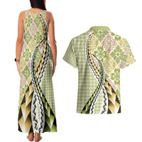 Aloha Vintage Palaka Floral Hawaiian Quilt Couples Matching Tank Maxi Dress and Hawaiian Shirt Omaomao Motif - Polynesian Pride