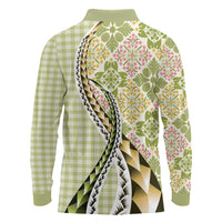 Aloha Vintage Palaka Floral Hawaiian Quilt Long Sleeve Polo Shirt Omaomao Motif - Polynesian Pride