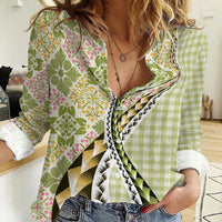 Aloha Vintage Palaka Floral Hawaiian Quilt Women Casual Shirt Omaomao Motif - Polynesian Pride