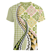 Aloha Vintage Palaka Floral Hawaiian Quilt Women V-Neck T-Shirt Omaomao Motif - Polynesian Pride