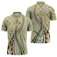 Aloha Vintage Palaka Floral Hawaiian Quilt Zipper Polo Shirt Omaomao Motif - Polynesian Pride