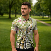 Aloha Vintage Palaka Floral Hawaiian Quilt Zipper Polo Shirt Omaomao Motif - Polynesian Pride