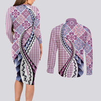 Aloha Vintage Palaka Floral Hawaiian Quilt Couples Matching Long Sleeve Bodycon Dress and Long Sleeve Button Shirt Akala Motif - Polynesian Pride