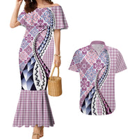 Aloha Vintage Palaka Floral Hawaiian Quilt Couples Matching Mermaid Dress and Hawaiian Shirt Akala Motif - Polynesian Pride