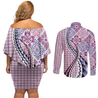 Aloha Vintage Palaka Floral Hawaiian Quilt Couples Matching Off Shoulder Short Dress and Long Sleeve Button Shirt Akala Motif - Polynesian Pride