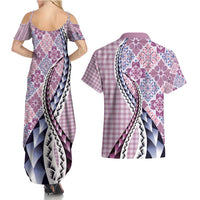 Aloha Vintage Palaka Floral Hawaiian Quilt Couples Matching Summer Maxi Dress and Hawaiian Shirt Akala Motif - Polynesian Pride